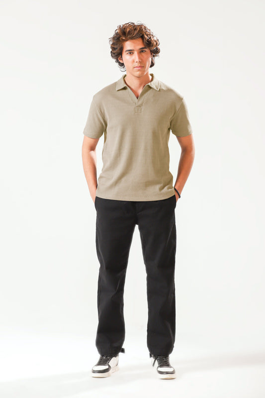 Waffle-Knit Revere Polo Shirt in Stone