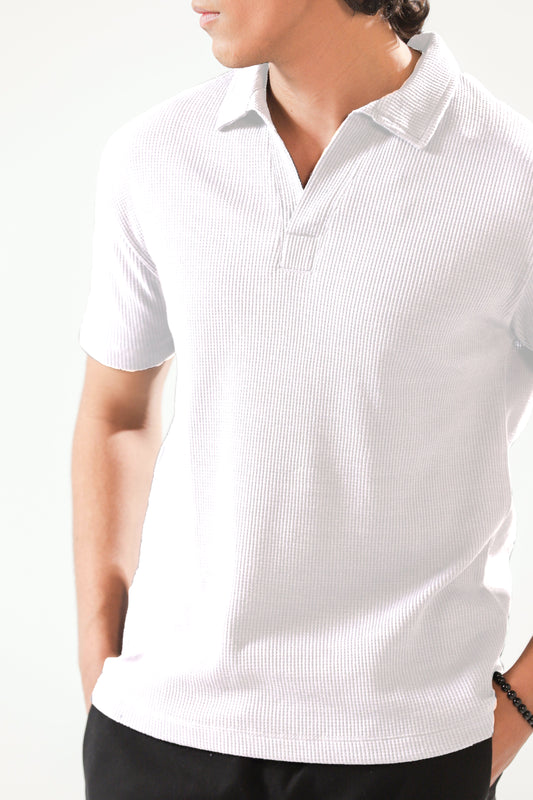 Waffle-Knit Revere Polo Shirt in White