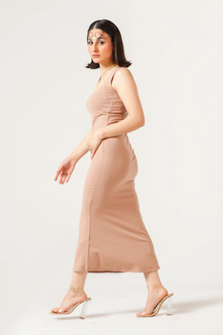Square Neck Midi Dress in Light Fawn