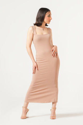 Square Neck Midi Dress in Light Fawn