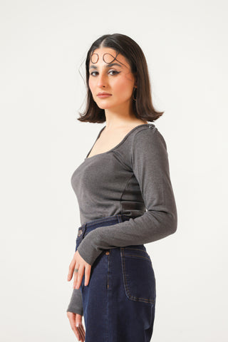 Square Neck Bodysuit in Charcoal