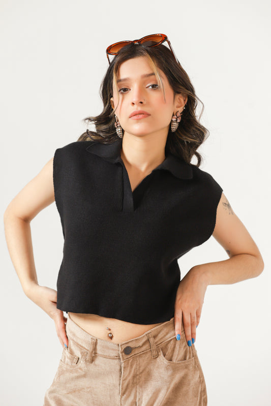 Knitted Cropped Polo in Black