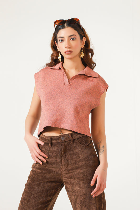 Knitted Cropped Polo in Peach