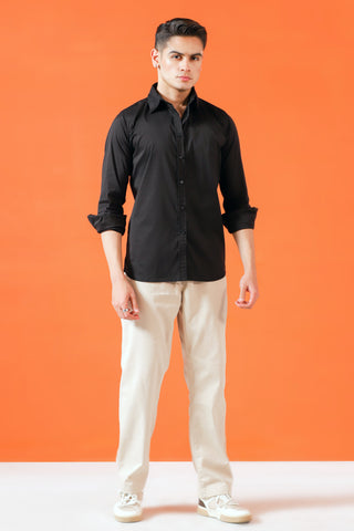 Stretch Cotton Button-Up Shirt in Black