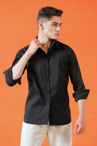 Stretch Cotton Button-Up Shirt in Black