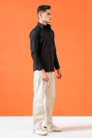 Stretch Cotton Button-Up Shirt in Black