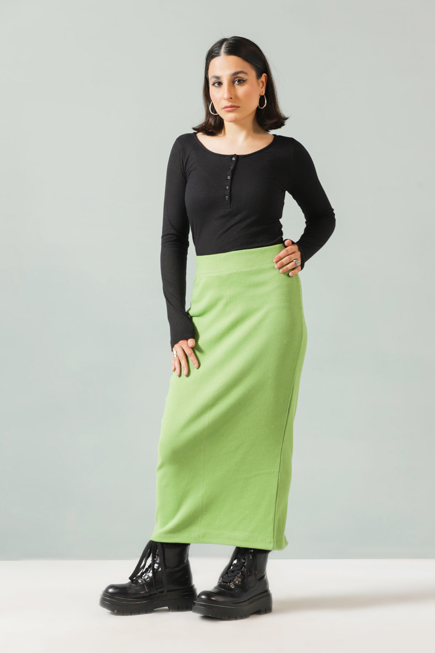 Rib-Knit Midi Skirt in Amazon Green