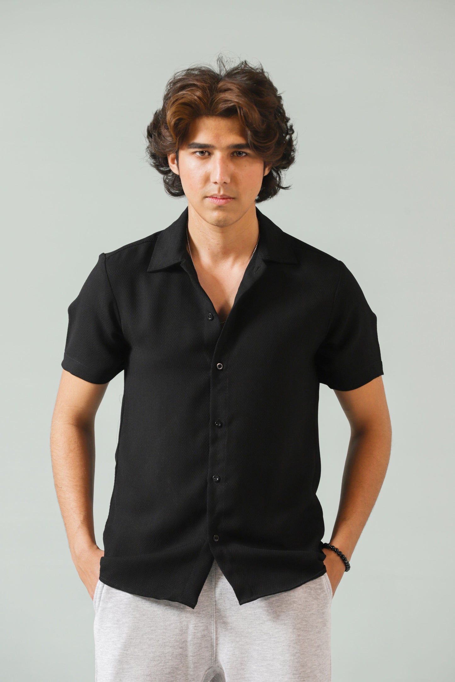Camp Collar Shirt in Black Herringbone Weave