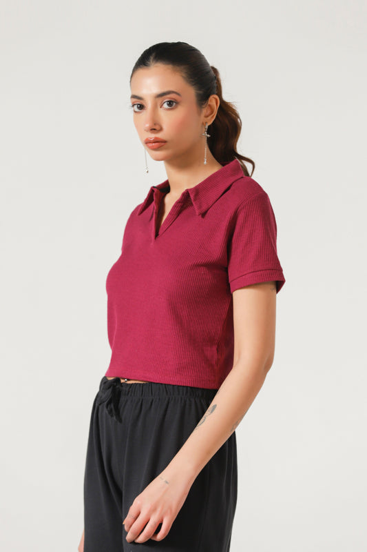 Cropped Textured Polo Top in Magenta