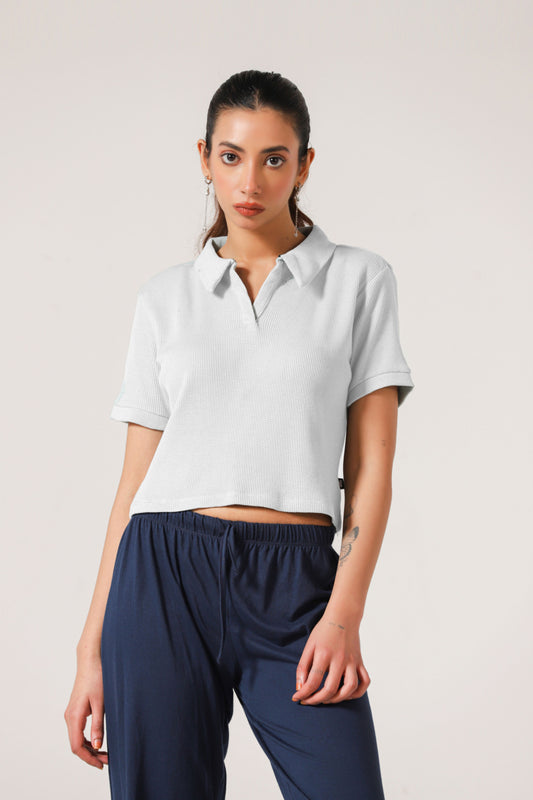 Cropped Textured Polo Top in Salt White