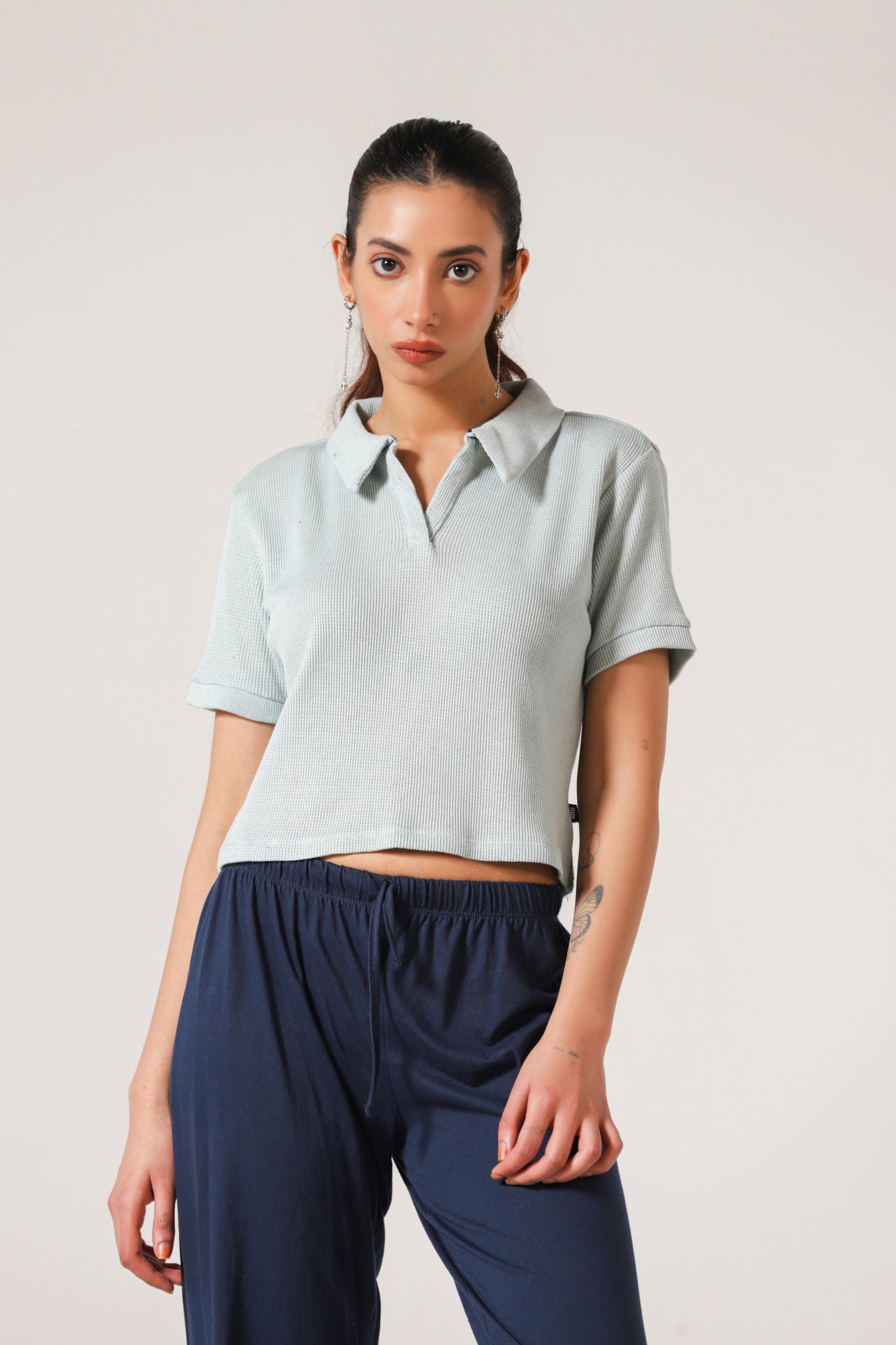 Cropped Textured Polo Top in Light Green