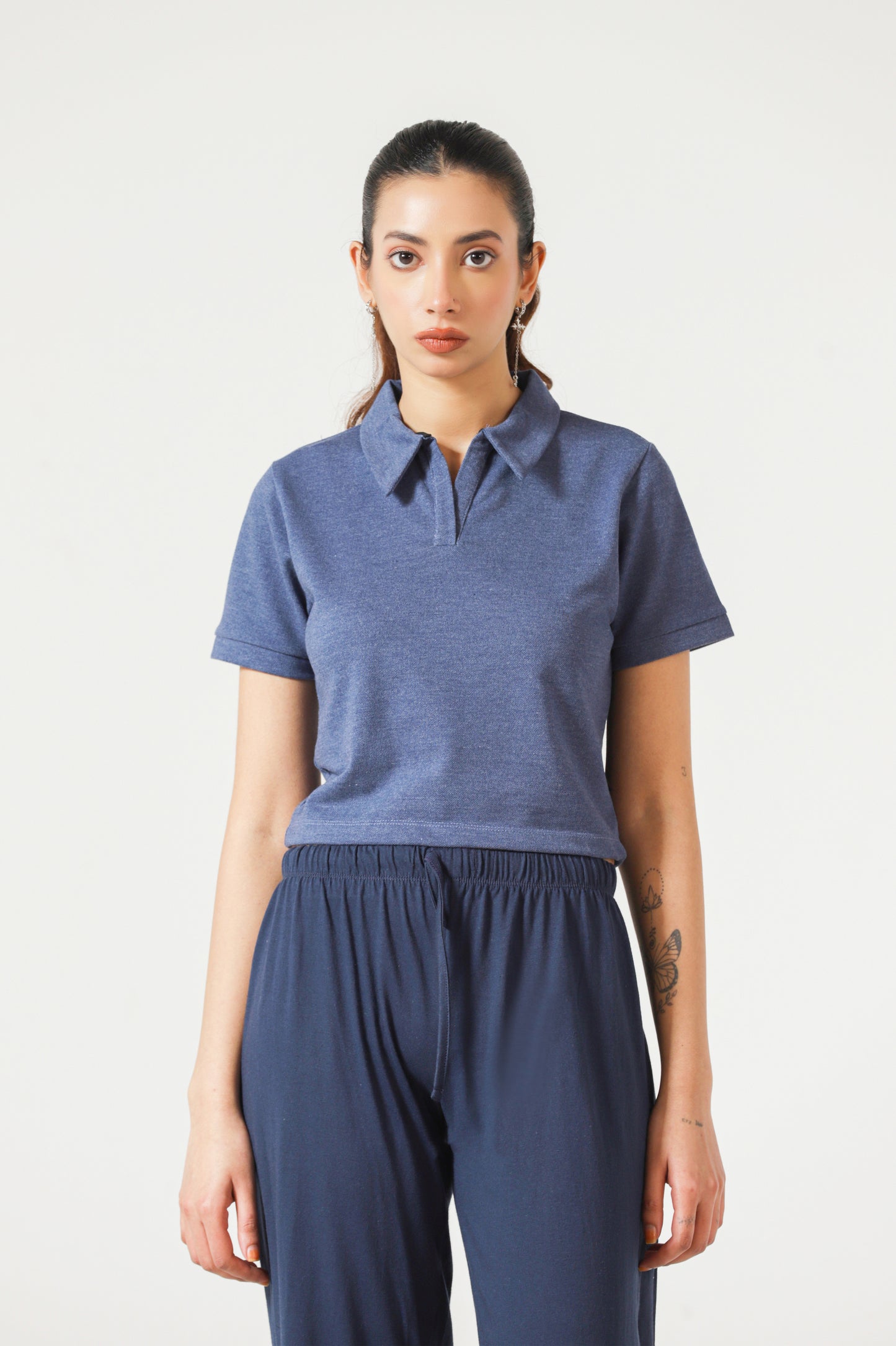 Cropped Polo Top in Blue Melange