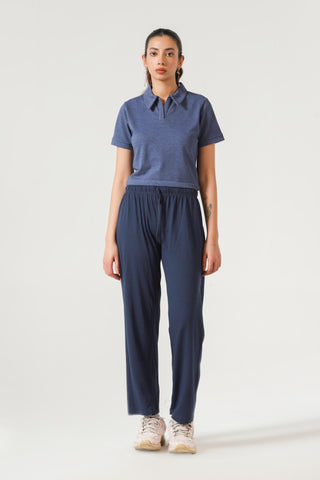 Cropped Polo Top in Blue Melange