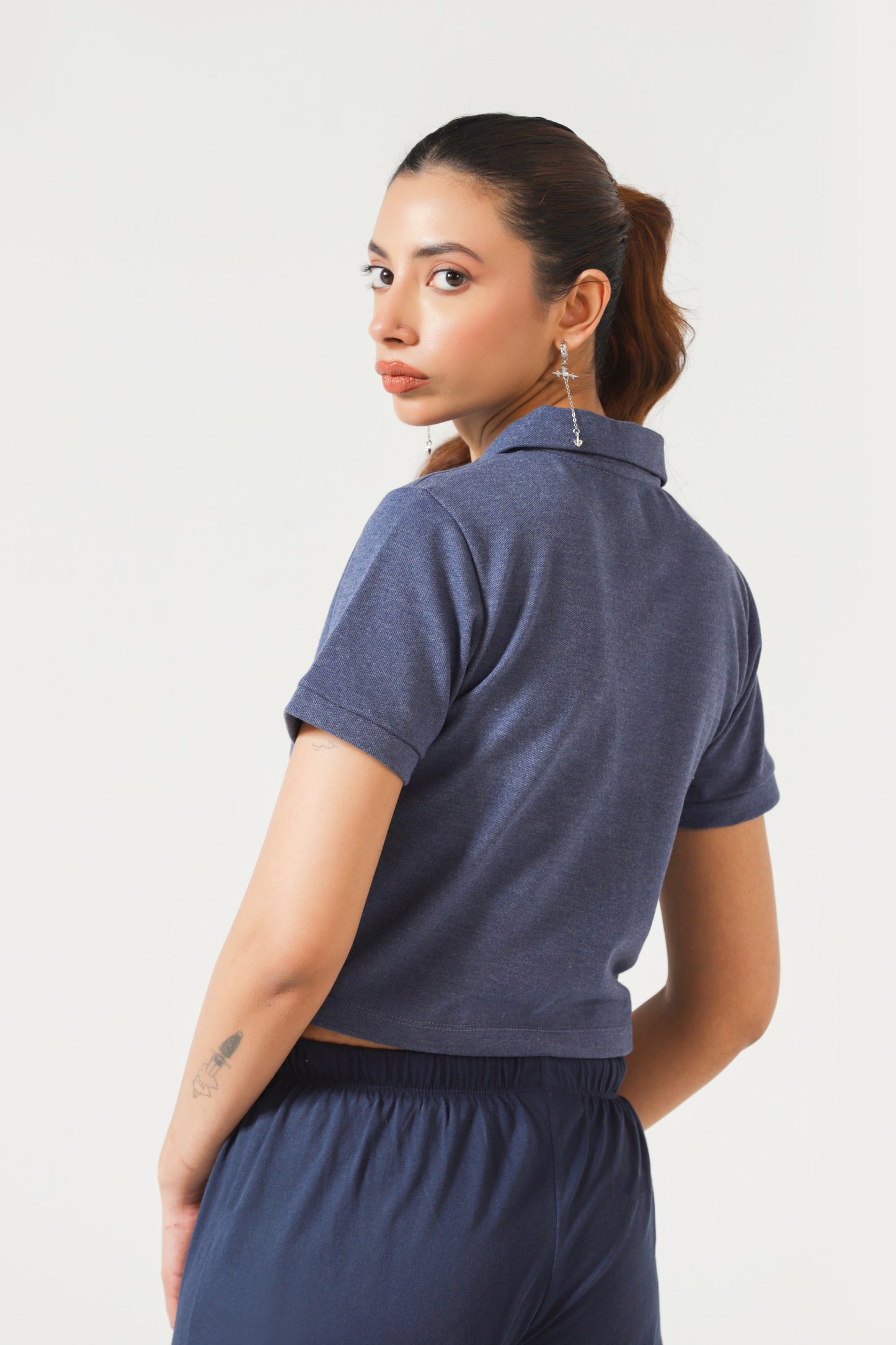 Cropped Polo Top in Blue Melange