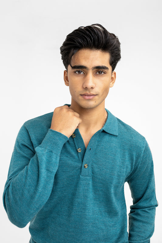 100% Merino Wool Polo in Deep Blue