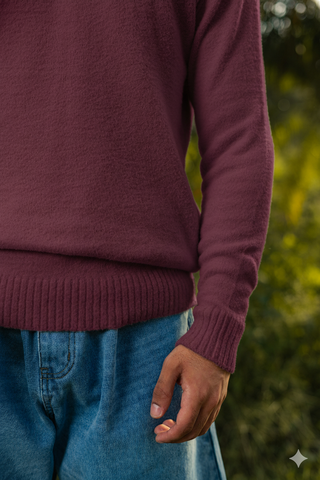 Furry Crew Neck Knitted Jumper in Burgundy