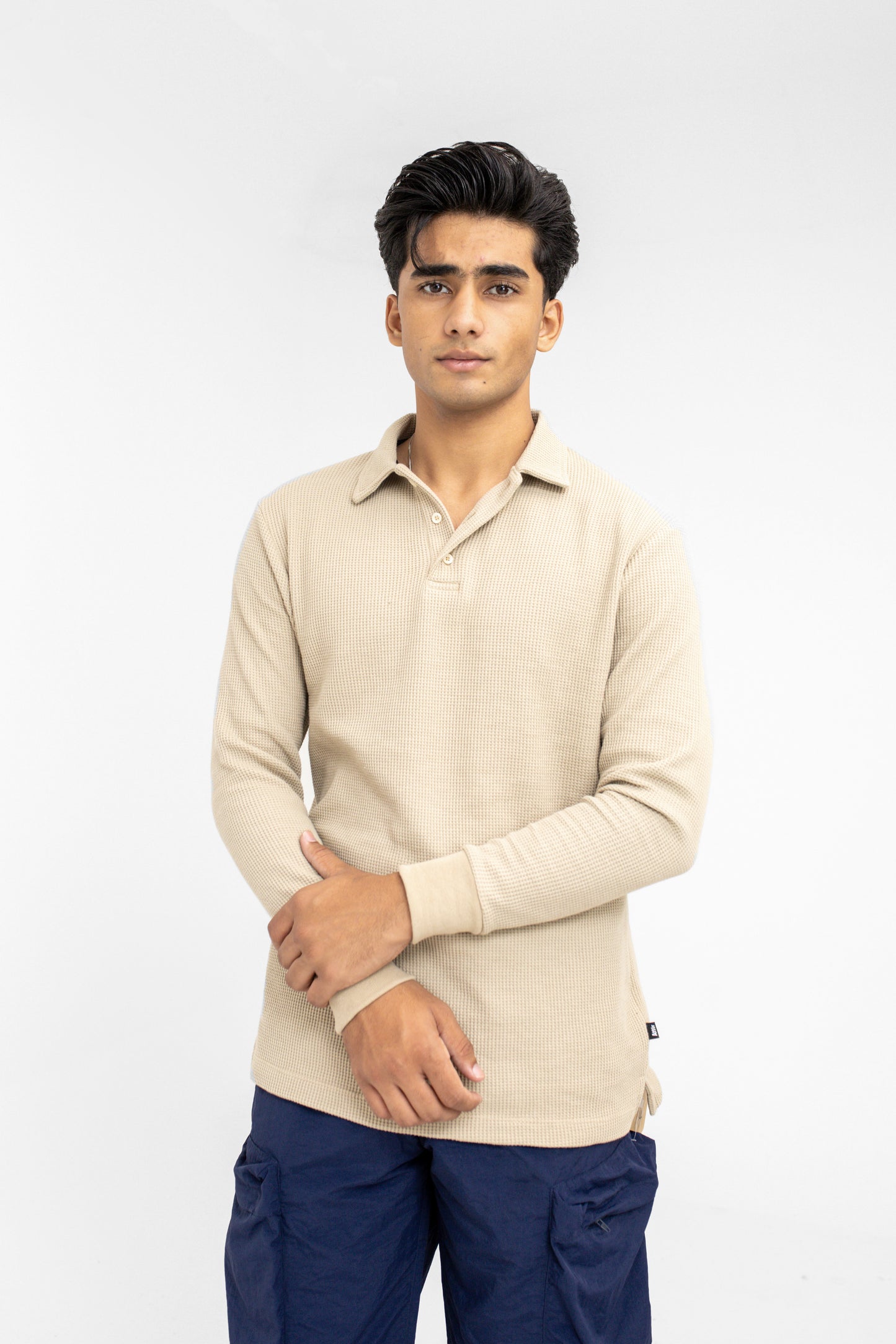 Waffle-knit Classic Polo in Stone