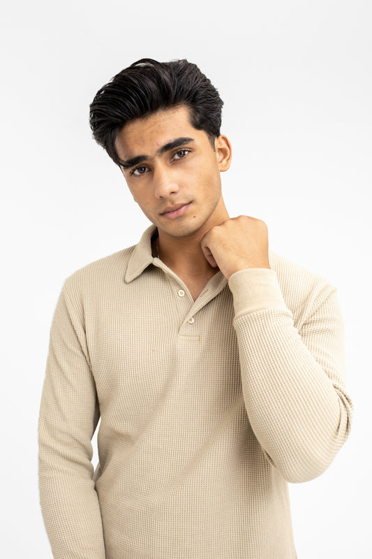 Waffle-knit Classic Polo in Stone