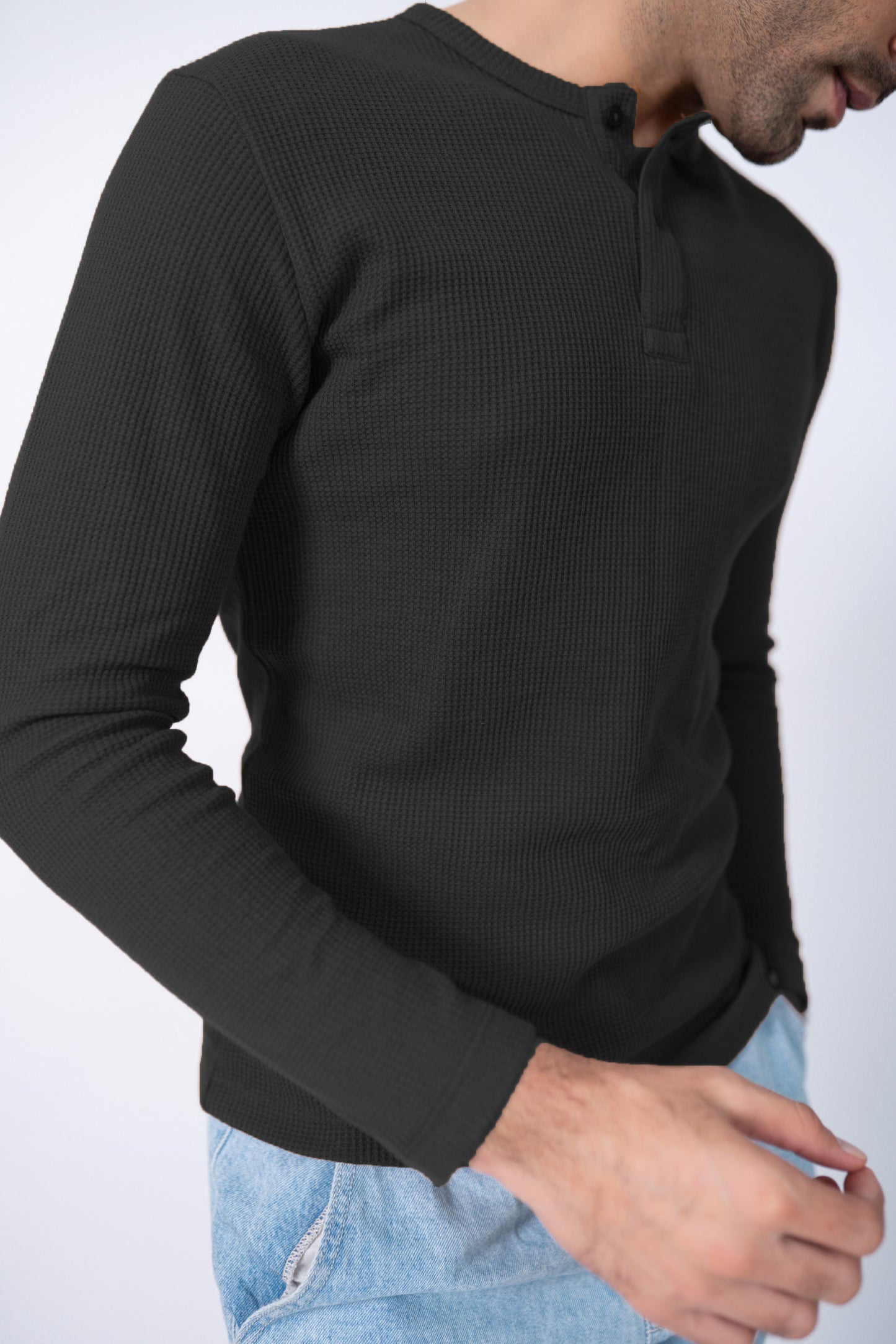 Waffle-knit Henley in Black