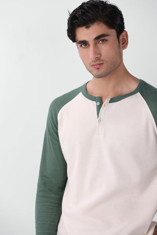 Waffle-Knit Raglan Henley in Pastel Green