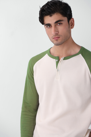 Waffle-Knit Raglan Henley in Matcha Green