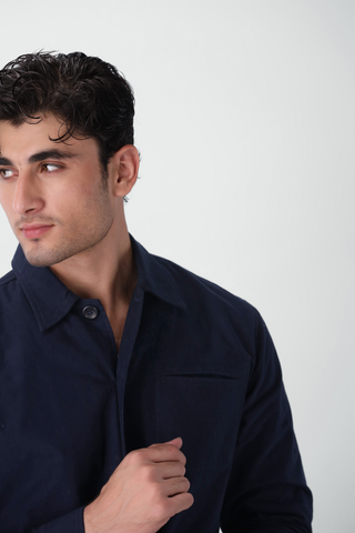 Cotton Overshirt with Pockets in Midnight Blue
