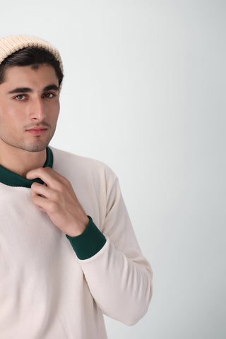 Waffle Textured Contrast Trims Sweatshirt in Green