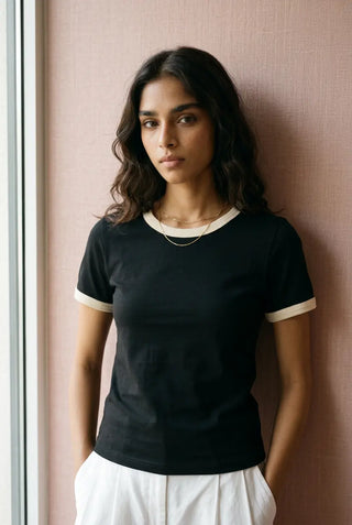Fitted Ringer T-shirt in Black TEE ATTIR-WOMEN