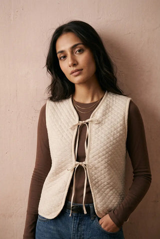 Quilted Gillet with Tie Detail in Cream VEST ATTIR-WOMEN