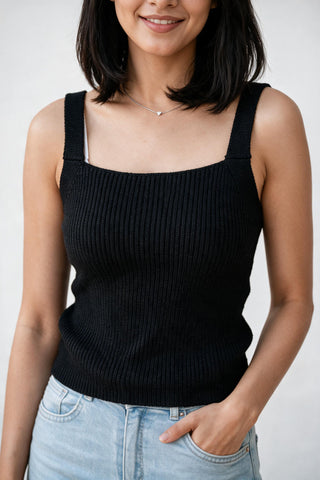 Knitted Square Neck Camisole Top in Black TOP ATTIR-WOMEN