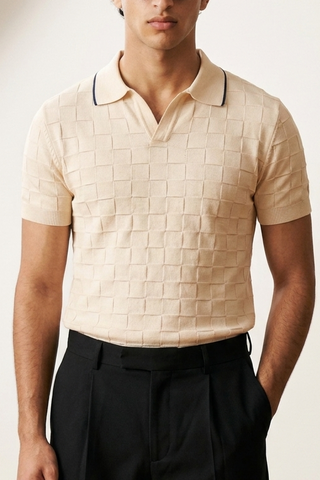 Tubular-Knit Polo Shirt in Cream