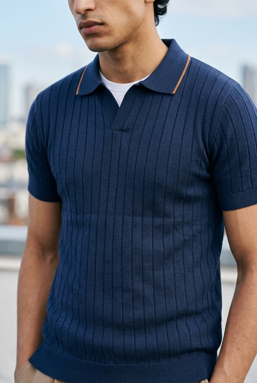 Tuck-Knit Polo Shirt in Night Blue POLO ATTIR-MEN