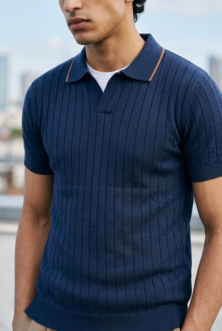 Tuck-Knit Polo Shirt in Night Blue