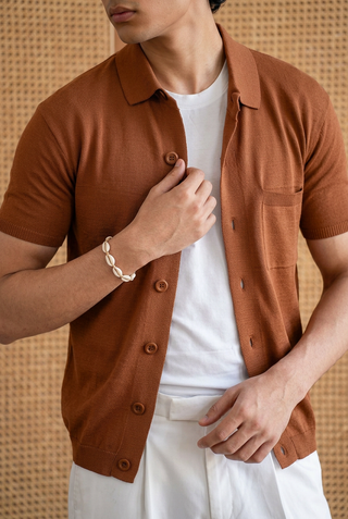 Knitted Button-Up Polo in Rust Orange SHIRT ATTIR-MEN