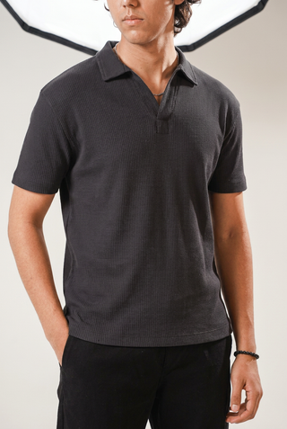 Waffle-Knit Revere Polo Shirt in Iron Grey POLO ATTIR-MEN
