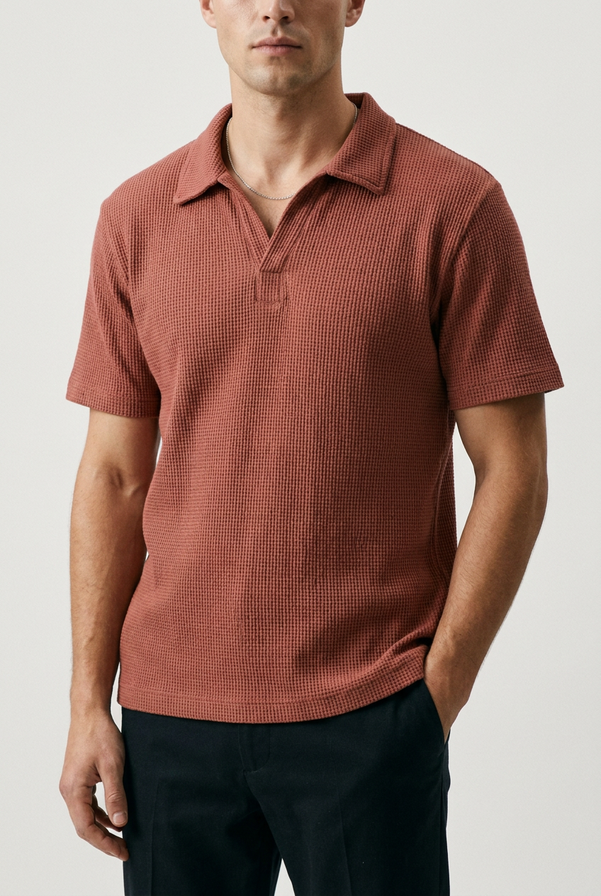 Waffle-Knit Revere Polo Shirt in Salmon Pink