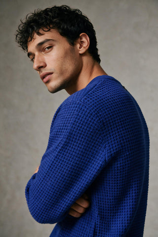 Tuck Knitted Crew Neck Jumper in Lapis Blue SWEATER ATTIR-UNISEX