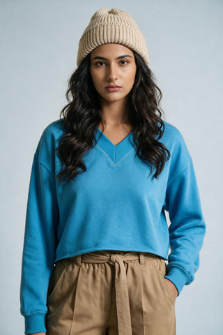 V-neck Sweatshirt in Sky Blue SWEATSHIRT ATTIR-WOMEN