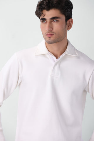 Cotton Polo Sweatshirt in White