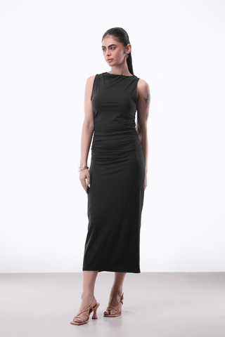 Boat Neck Dress with Ruched Sides in Black - AttirDRESS