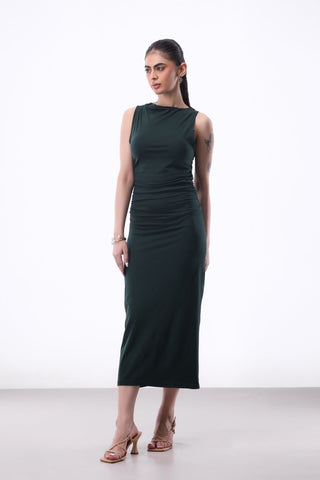 Boat Neck Dress with Ruched Sides in Bottle Green - AttirDRESS