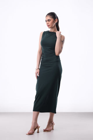 Boat Neck Dress with Ruched Sides in Bottle Green Attir Boat Neck Dress with Ruched Sides in Bottle Green Attir