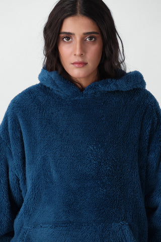Teddy Fur Hoodie in Navy Blue