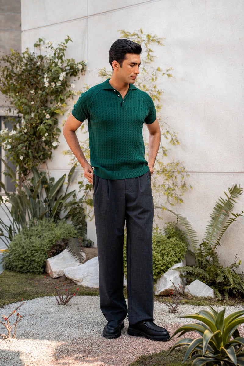 Cable-Knit Polo Shirt in Brunswick Green
