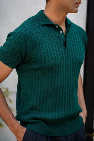 Cable - Knit Polo Shirt in Brunswick Green - AttirPOLO