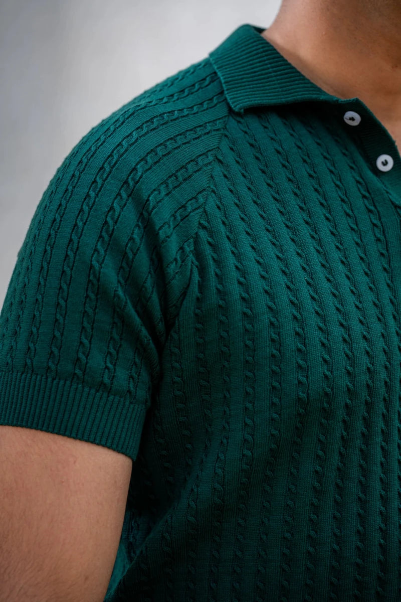 Cable-Knit Polo Shirt in Brunswick Green
