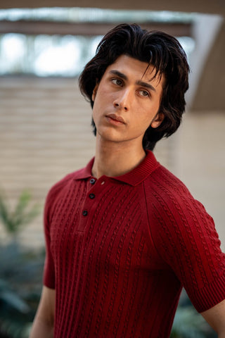 Cable - Knit Polo Shirt in Deep Maroon - AttirPOLO