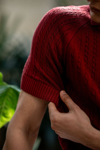 Cable - Knit Polo Shirt in Deep Maroon - AttirPOLO