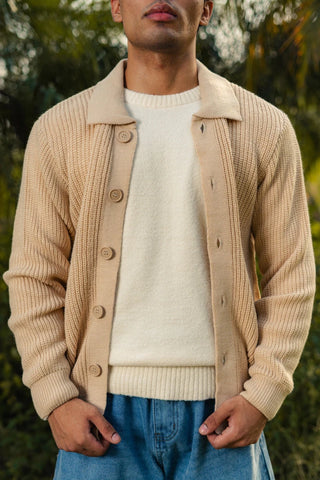 Cardigan Knitted Collared Jumper in Cream - AttirCARDIGAN