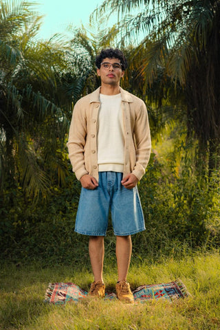 Cardigan Knitted Collared Jumper in Cream - AttirCARDIGAN